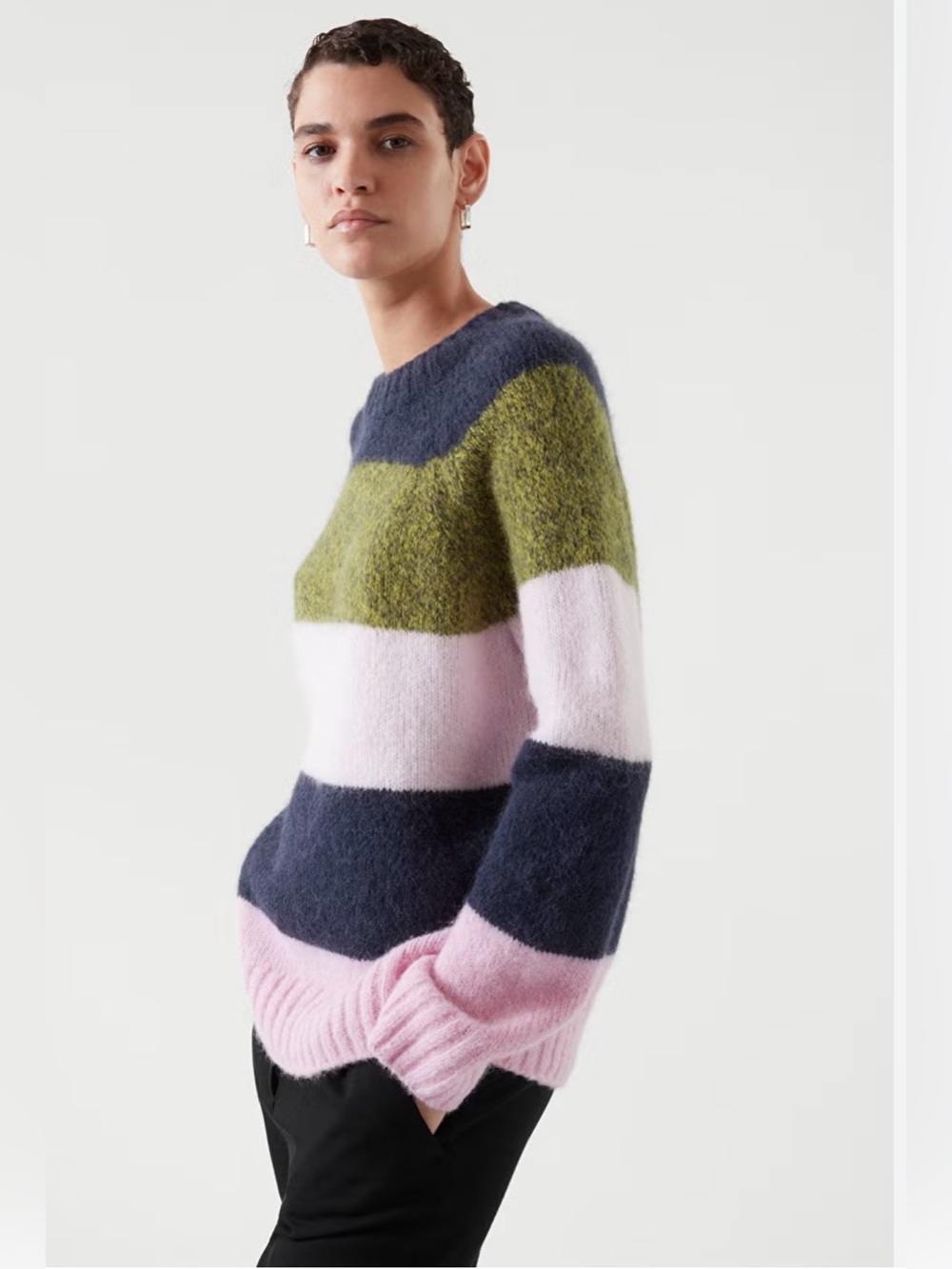 COS Striped Alpaca-Blend Crewneck Sweater in Navy, Olive & Light Pink Size S